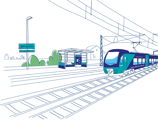 Illustration eines elektrifizierten Marschbahnzugs an einer Haltestelle