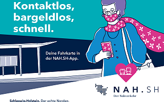 NAHSH Kampagnenmotiv 2020 1 Kampagnenmotiv 1, 2020: Kontaktlos, bargellos, schnell - Deine Fahrkarte mit der NAH.SH-App.
