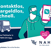 Kampagnenmotiv 2, 2020: Kontaktlos, bargellos, schnell - Deine Fahrkarte mit der NAH.SH-App.