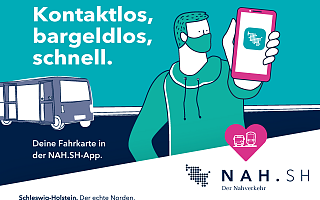 NAHSH Kampagnenmotiv 2020 2 Kampagnenmotiv 2, 2020: Kontaktlos, bargellos, schnell - Deine Fahrkarte mit der NAH.SH-App.